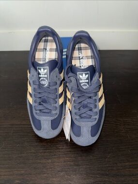 NWT Adidas Samba Navy Sneakers with Beige Stripes